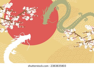 Illustration of white plum blossoms and blue sea waves with gold background and dragon