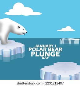 Illustration of a white polar bear standing on an ice floe with bold text to celebrate Polar Bear Plunge Day on January 1