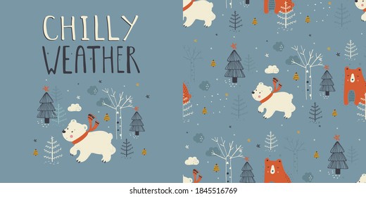 Illustration of white polar bear with Winter forest seamless pattern. Hand drawn vector illustration