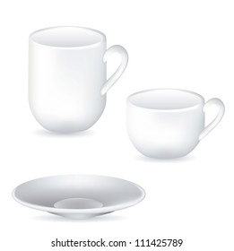 illustration of white porcelain cups and dish isolated on white background, vector illustration