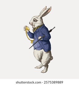 Illustration of a white rabbit in a blue coat holding a pocket watch. The rabbit, dressed in a blue coat, is checking a pocket watch. Classic rabbit illustration. Vintage art vector element.