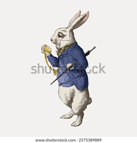 Illustration of a white rabbit in a blue coat holding a pocket watch. The rabbit, dressed in a blue coat, is checking a pocket watch. Classic rabbit illustration. Vintage art vector element.