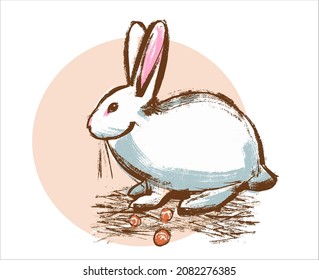 Illustration. A white rabbit with hay and carrots in a circle. Drawing in the style of a careless retro sketch by hand.