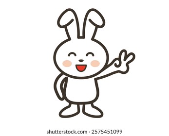 Illustration of a white rabbit making a peace sign with a big smile