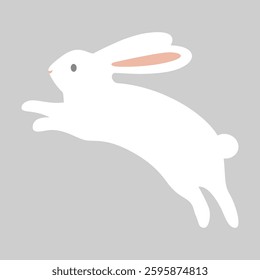 Illustration of a white rabbit in mid-leap. The rabbit has a minimalist design with a gray background. The rabbit's ears are slightly pink inside. Minimal illustration vector.