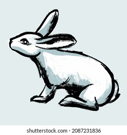 Illustration. A white rabbit on an isolated background. Drawing in the style of a careless retro sketch by hand.