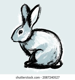 Illustration. A white rabbit on an isolated background. Drawing in the style of a careless retro sketch by hand.