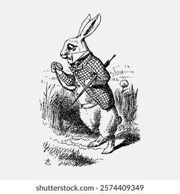 Illustration of a white rabbit in a suit, holding a pocket watch. The rabbit, dressed in a suit, appears hurried, checking the time on a pocket watch. Vintage art drawing, isolated vector element.