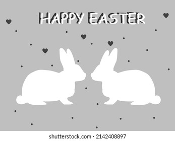 illustration of white rabbits near happy easter lettering on grey