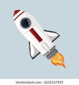 Illustration of a white and red rocket launching. The rocket has a circular window and fiery flames. Rocket design is simple and colorful. Space-themed rocket image. Aesthetic vector illustration.