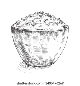 Illustration White Rice (Thai Jasmine Rice) In Wooden Bowl.Sketch.Rice Hand Drawn Vector Illustration.Cereal Rice. 