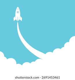Ilustración de un cohete blanco que se lanza a un cielo azul con nubes blancas aisladas sobre fondo blanco
