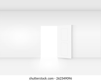 Illustration of a white room with an open door.