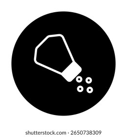 Uma ilustração de um agitador de sal branco distribuindo sal contra um fundo circular preto simples design