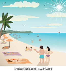 illustration of a white sand tropical beach with people enjoying the summer.