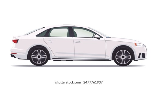 Illustration of a white sedan car. Car in a stylized graphic style. Isolated on a white background. Concept of a modern vehicle. Vector illustration