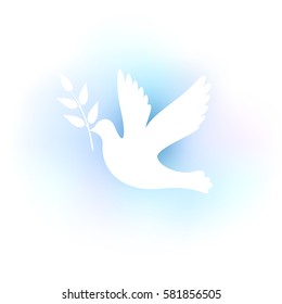 Illustration with a white silhouette of a dove on a blue background.
