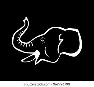 the illustration - white silhouette of an elephant on a black background.