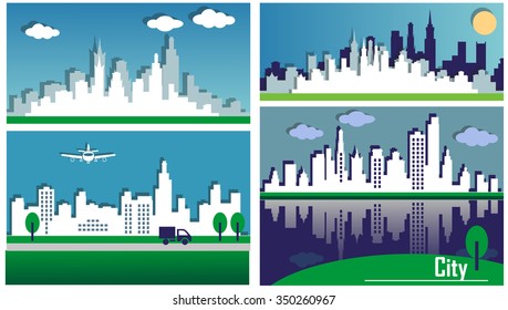 illustration of white silhouettes of big cities in the summer afternoon with shadows