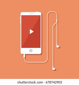 Illustration of white smartphone in flat style. Mobile phone with headphones. Music player interface.