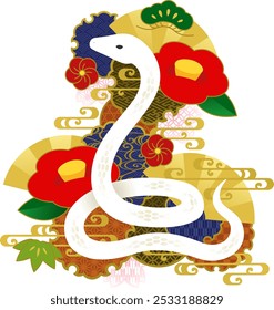 Illustration of a white snake on Japanese style new year ornaments