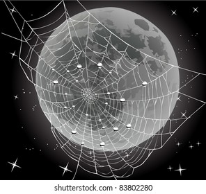 illustration with white spider web and drops on moon background