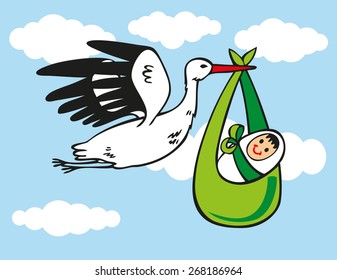 Illustration White Stork Carries Baby On Stock Vector (Royalty Free ...