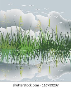 illustration with white swans in blue sky