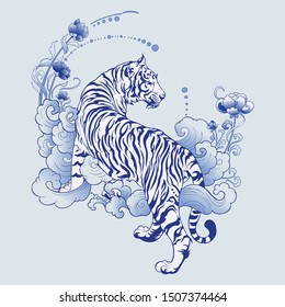 illustration white tiger design in tattoo  blue Porcelain for print elements vector with light blue ceramic color background