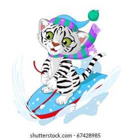 Illustration of white tiger  having fun in a snow cart