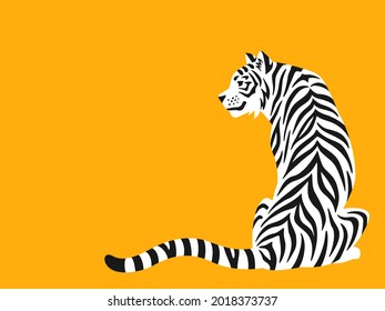 Ilustración de un tigre blanco sentado con la espalda en un fondo amarillo