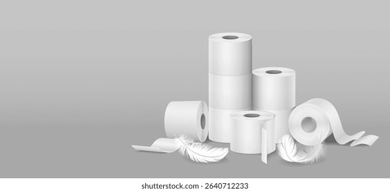 Illustration of white toilet paper rolls stacked neatly. Soft feathers surrounding them. Set against a plain grey backdrop. Represents cleanliness and softness.