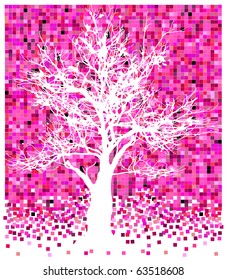 illustration of white tree on pinky squares