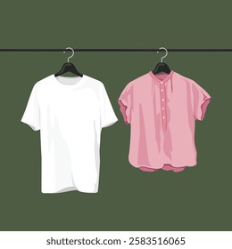 Illustration of a white T-shirt and a pink blouse on hangers. Clothing on hangers, simple design. T-shirt and blouse, casual and stylish attire. Aesthetic vector illustration.