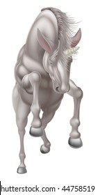 An illustration of a white unicorn mythological horse rearing on its hind legs or running or jumping seen from the front