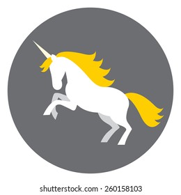 Illustration of white unicorn with yellow mane on grey background.