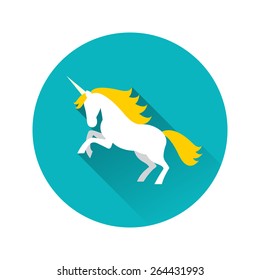 Illustration of white unicorn with yellow mane with long shadow on blue background.