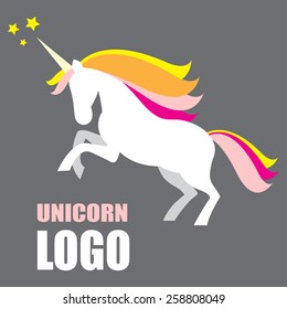 Illustration of white unicorn with yellow, pink, orange mane on grey background and stars.