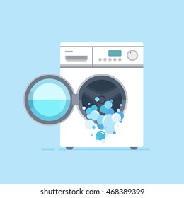 illustration of white washing machine with a front loading. Blue background, isolated.