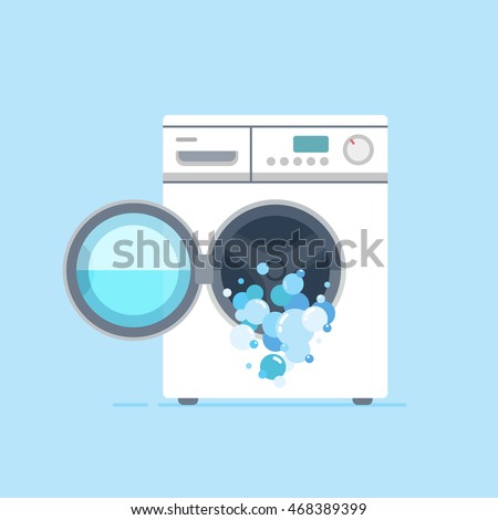 illustration of white washing machine with a front loading. Blue background, isolated.