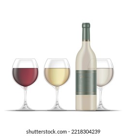 Illustration of White Wine Bottle and Three Wine Glasses isolated on a White Background