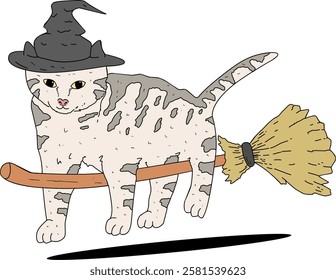 illustration of a white witch cat with black stripes