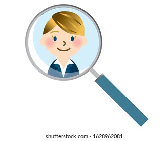 Illustration of white woman face and magnifying glass, icons for beauty, survey and statistics use.