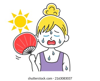 Illustration einer weißen Frau, die mit einem Ventilator fächert.