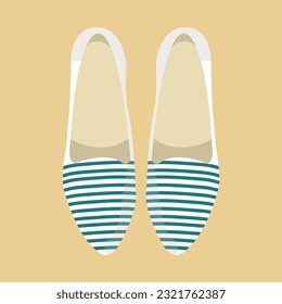 Illustration of white women's flat shoes with trendy blue stripes pattern. Casual shoes suitable for outdoor activities. Modern and minimalist loafer model