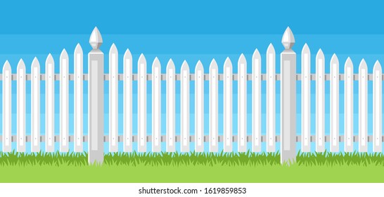 Illustration of white wooden fence. Garden, field or yard hedge section.