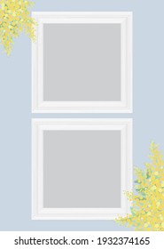 Illustration of white wooden frame and mimosa flowers