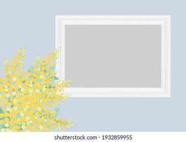 Illustration of white wooden frame and mimosa flowers