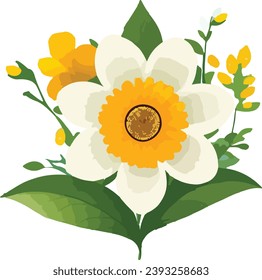 illustration of white yellow flower and green leaf vector art