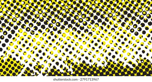 Illustration of a white and yellow halftone pattern on a dark background. 2D layout illustration. Defaced overlay. Vector grunge halftone background. Halftone dot vector texture.